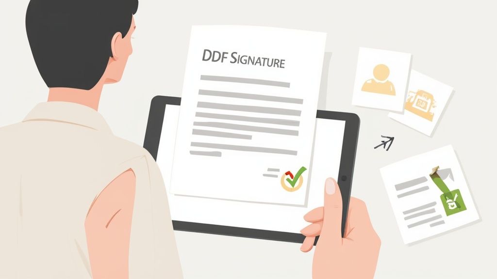 A person holds a tablet displaying a document titled DDF Signature with a green checkmark, illustrating digital signing.