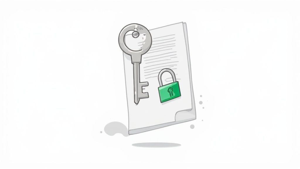 A gray key and a green padlock on a document with text, symbolizing security or access.