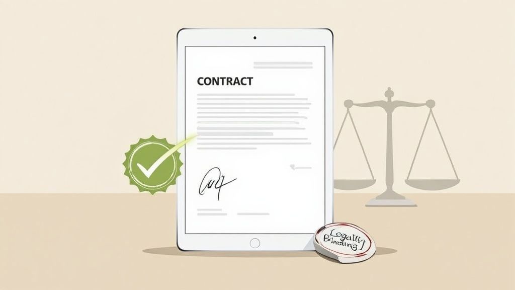 Tablet displaying an electronically signed contract, a checkmark, 'Legally Binding!' stamp, and scales of justice.