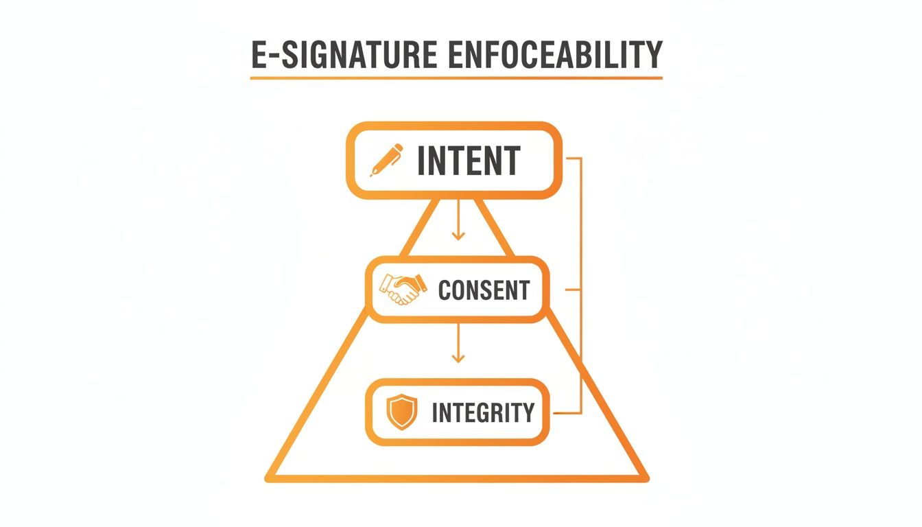 A pyramid diagram illustrating e-signature enforceability, detailing intent, consent, and integrity as key elements.