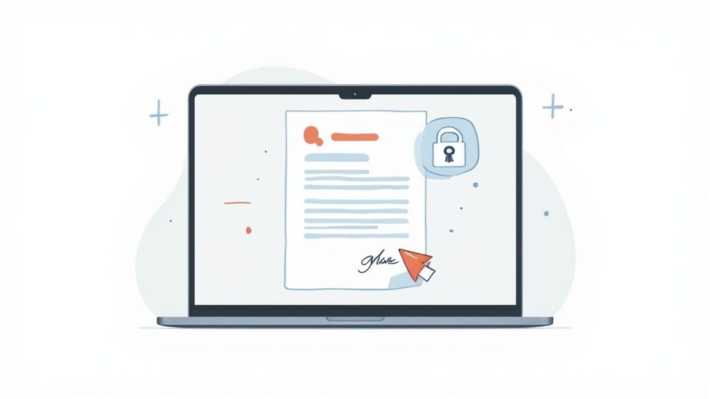 A laptop screen displays a secure digital document with a signature and a padlock icon.
