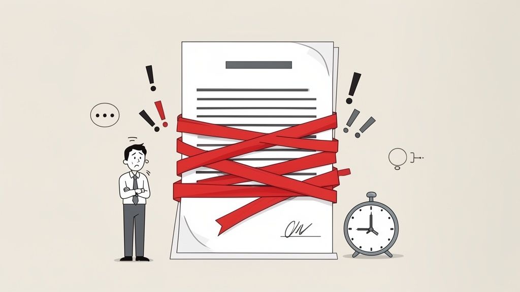 Illustration of a worried man, a document bound by red tape, and an alarm clock, signifying urgent contract issues.