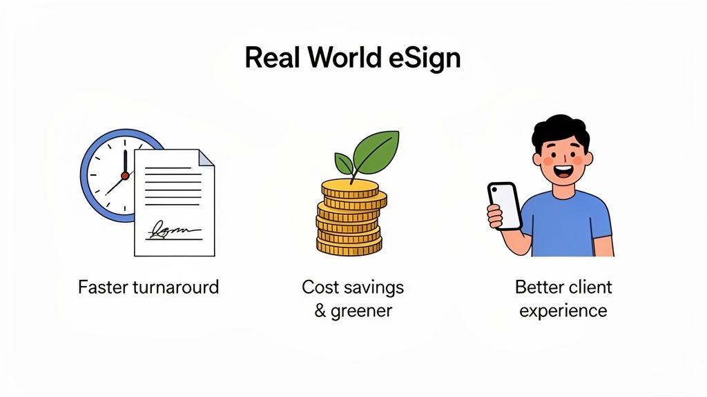 An illustration showing the benefits of real-world eSign: faster turnaround, cost savings, and better client experience.