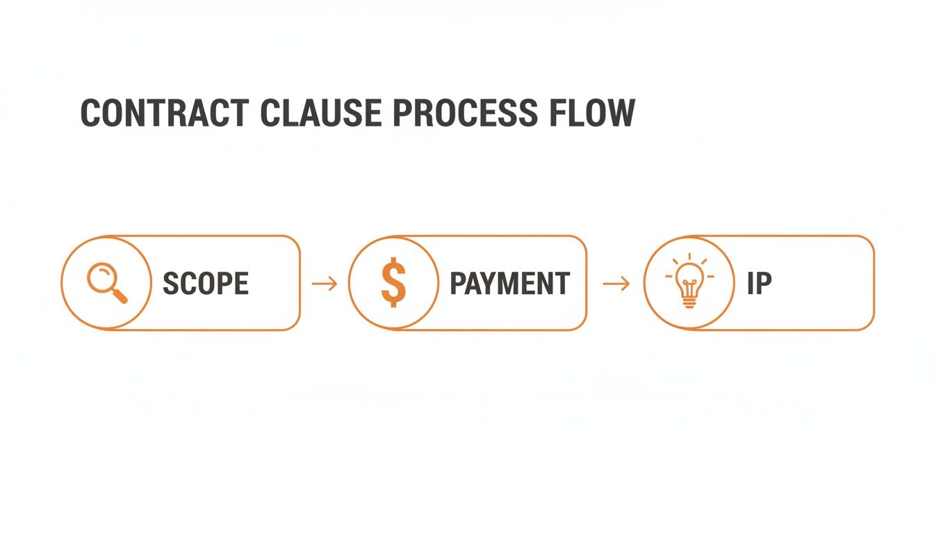 A contract clause process flow diagram with steps for scope, payment, and intellectual property.