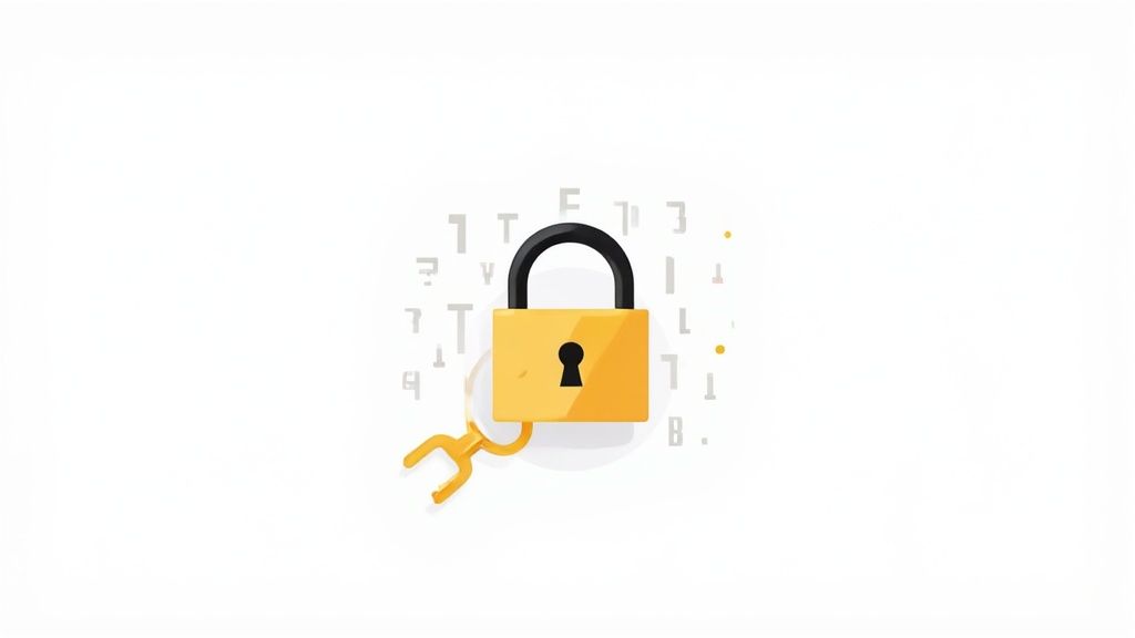 A golden padlock with a key, surrounded by scattered letters and numbers on a white background, symbolizing digital security.