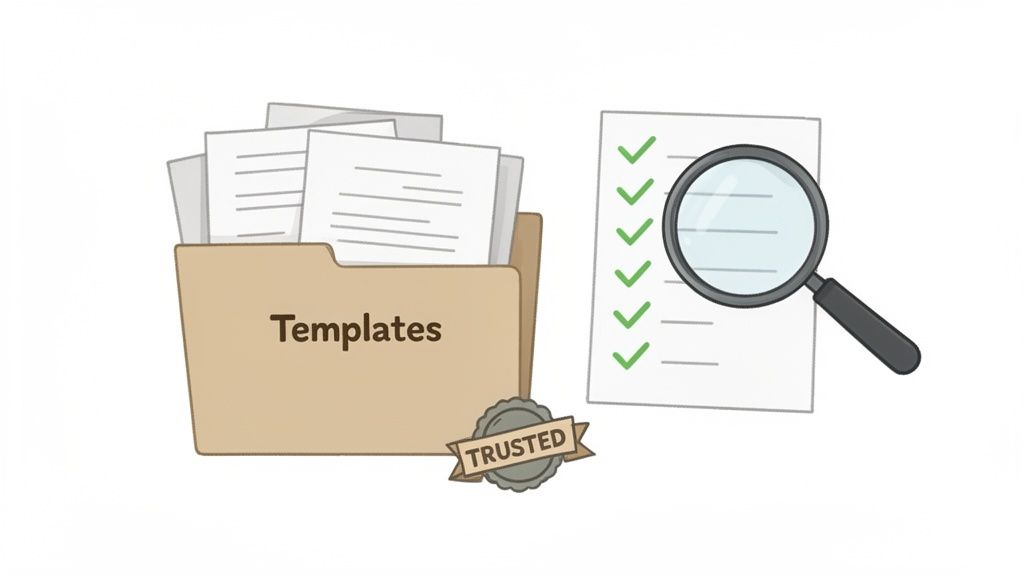 A trusted templates folder filled with documents, next to a magnifying glass reviewing a checklist.