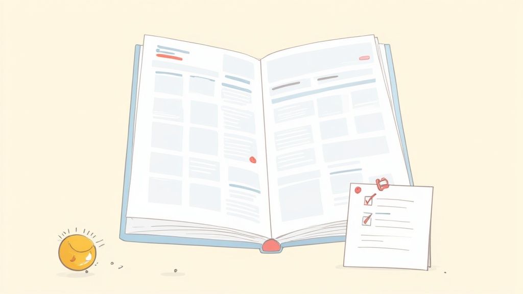 Cartoon illustration of an open planner or book with a checklist and a happy sun character.