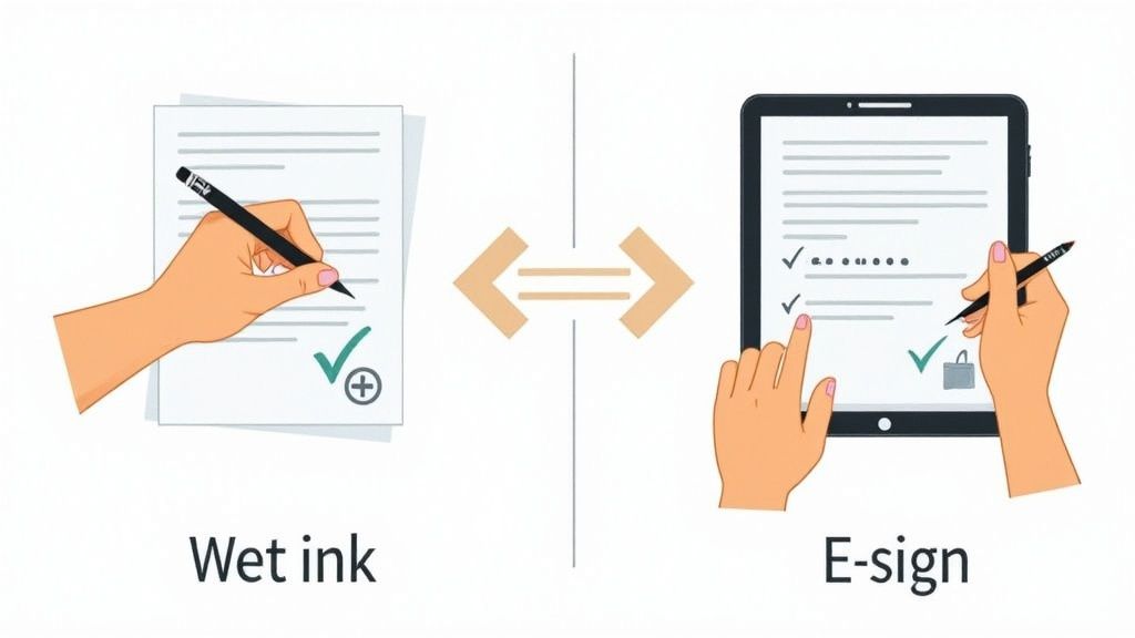 An illustration comparing traditional wet ink signing on paper with electronic signing on a digital tablet.