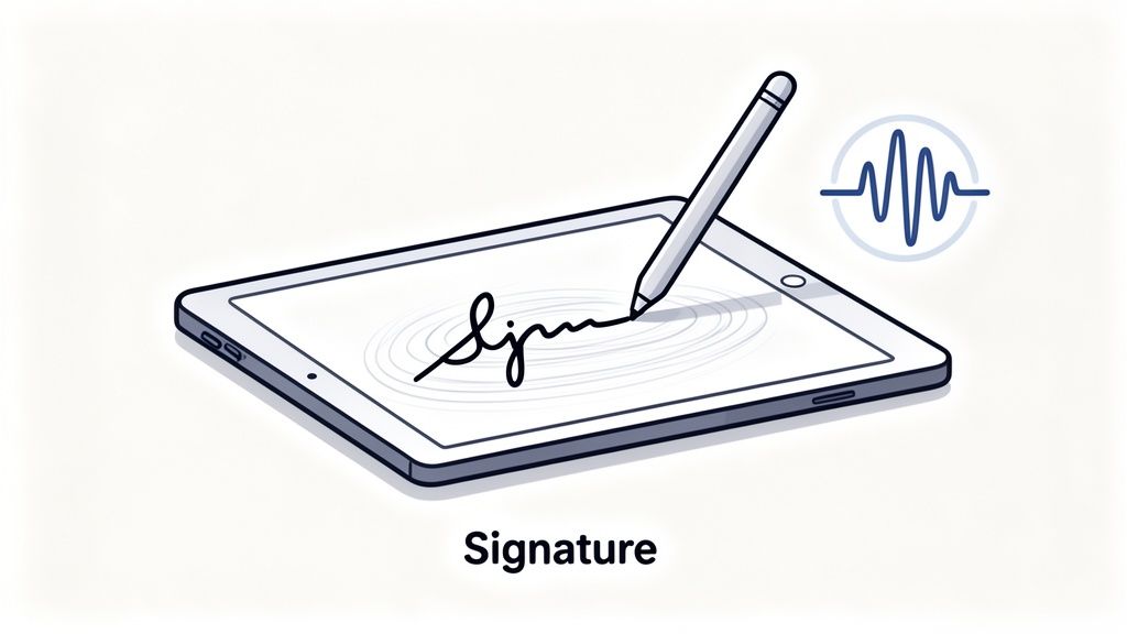 A digital stylus creates an electronic signature on a tablet screen, accompanied by a waveform icon.