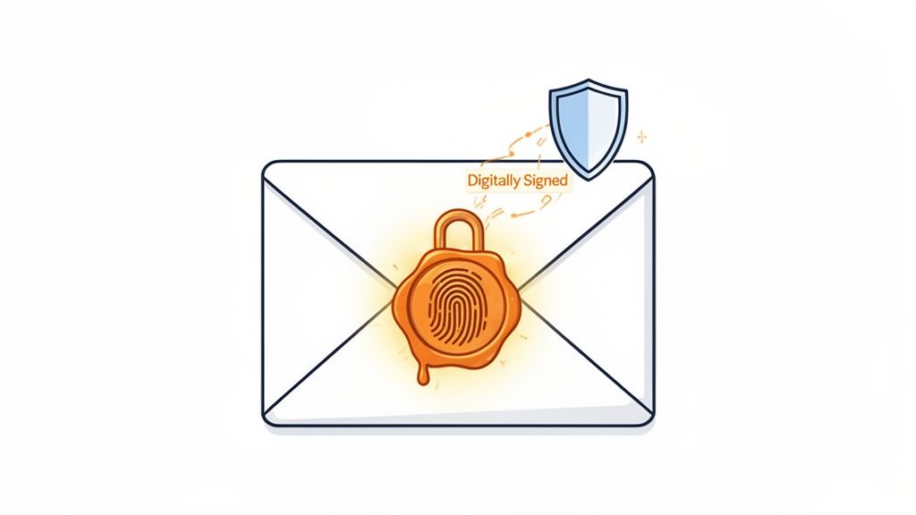 An envelope with a padlock-shaped wax seal and fingerprint, indicating a digitally signed, secure email.