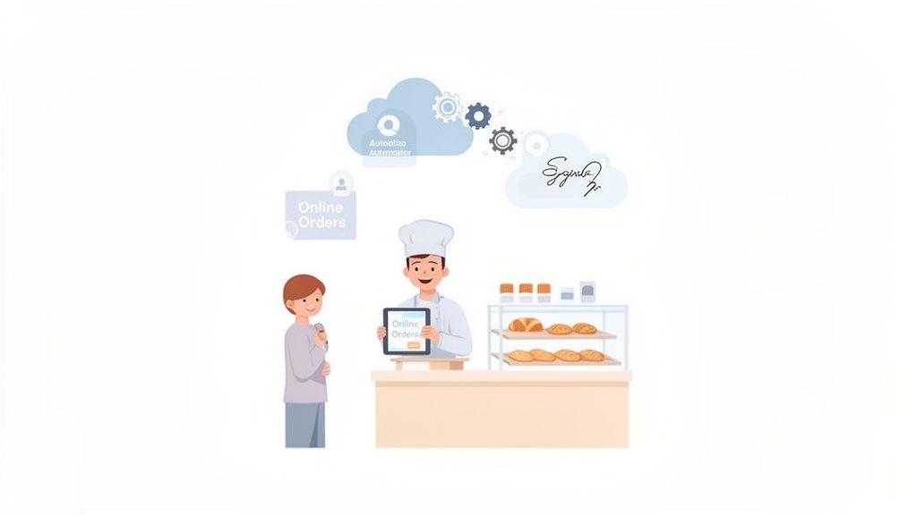 Baker showing online orders on a tablet to a customer, highlighting automated digital business solutions.