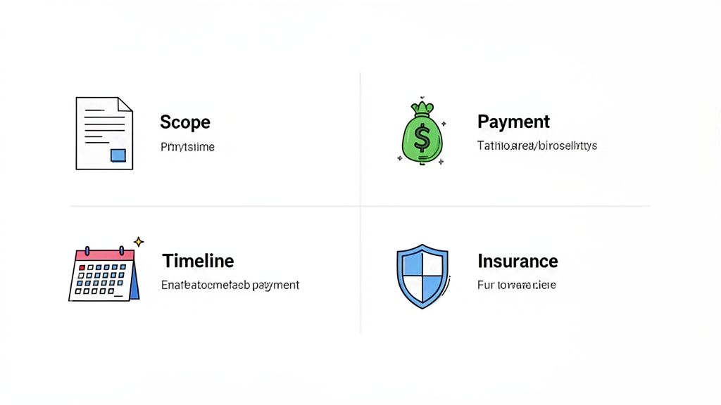 A visual breakdown of key contract elements: Scope, Payment, Timeline, and Insurance, each with a corresponding icon.