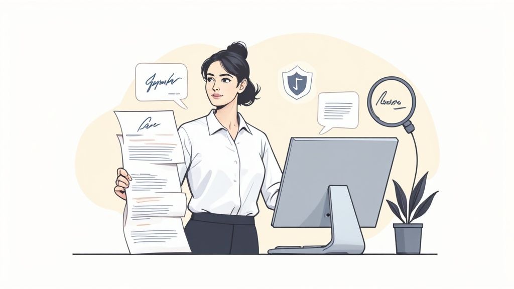 A professional woman performing signature verification and document review using a computer and paper.