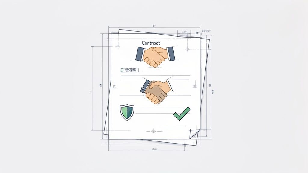 A graphic showing a contract document with handshakes, a security shield, and a green checkmark on a blueprint background.