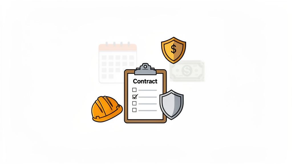 An illustration of a contract checklist, hard hat, and shields, representing safety, finance, and project planning.