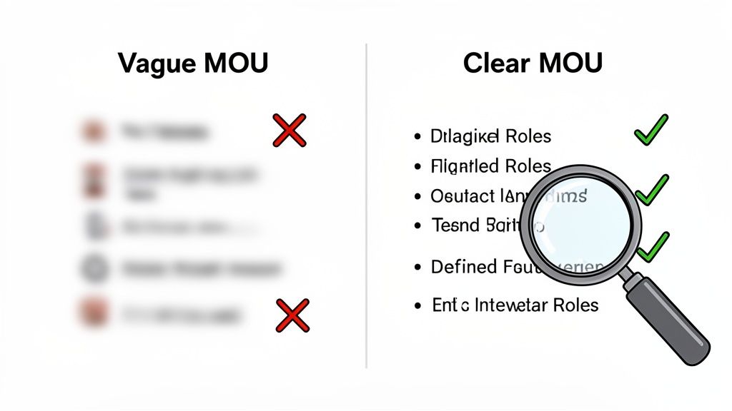 Comparison of vague and clear Memorandums of Understanding, highlighting detailed points with green checkmarks.