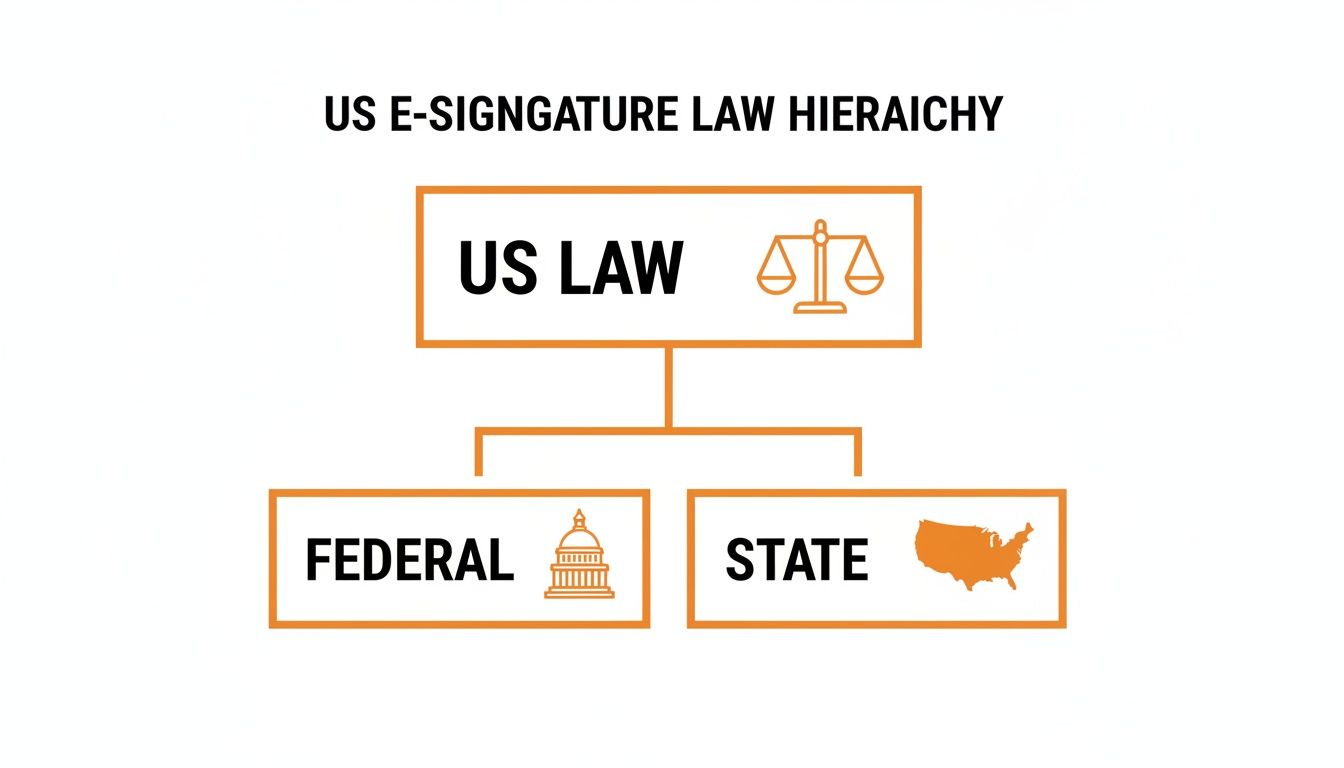 Diagram illustrating the hierarchy of US e-signature law, divided into federal and state levels.