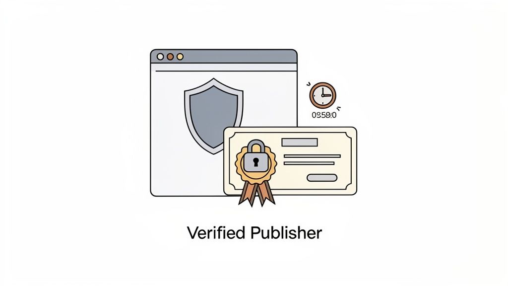 Illustration of a secure browser window with a shield, a certificate with a padlock, and a clock, representing a verified publisher.