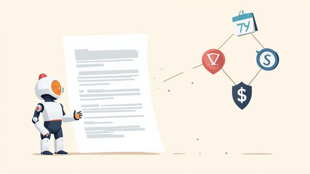 A robot processes a large contract document, sending data to interconnected icons for time, risk, and finance.