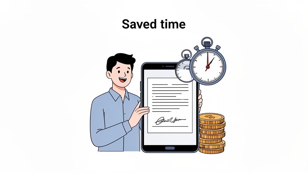 A man smiling, holding a smartphone with an electronic signature, with stopwatches and coins.