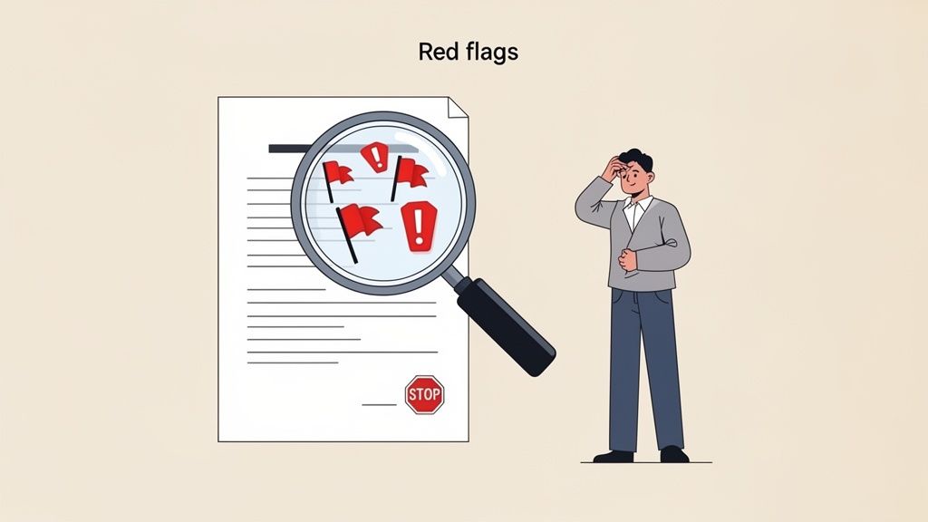A concerned man examines a document where a magnifying glass reveals multiple red flags and warning signs.