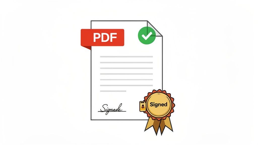 A document icon with a red PDF tag, a green checkmark, a signature, and a 'Signed' badge, representing a digitally signed PDF.