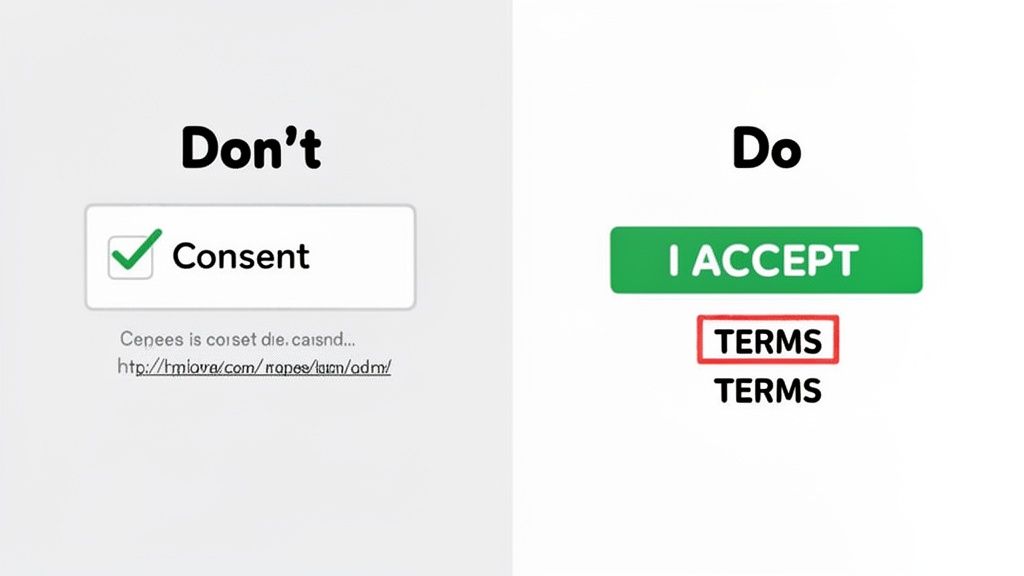 Illustration contrasting bad design with pre-checked consent versus good design with an explicit 'I ACCEPT' button.