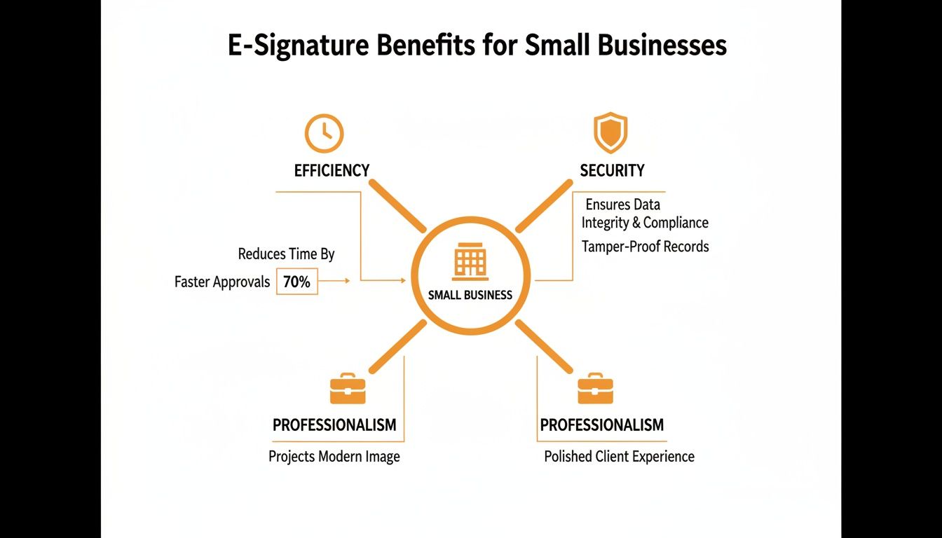 Infographic illustrating e-signature benefits for small businesses, including efficiency, security, and professionalism.