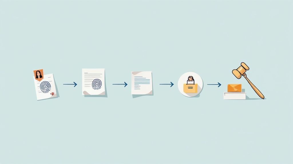 A linear flow illustration depicting identity verification and legal documentation leading to a final decision.