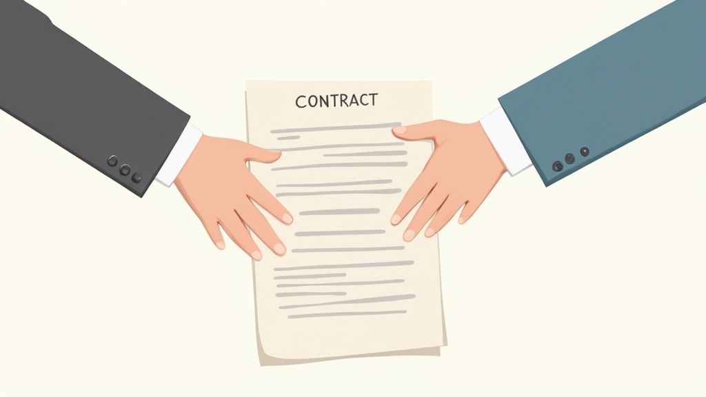 Two hands in business attire holding a contract document, symbolizing a business agreement.