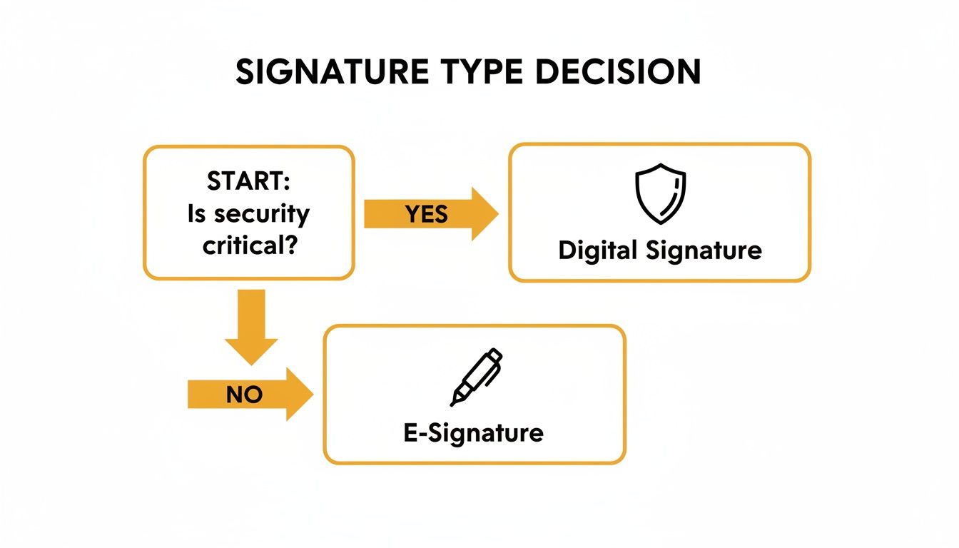 A flowchart titled 'Signature Type Decision' guiding selection between digital and e-signature.
