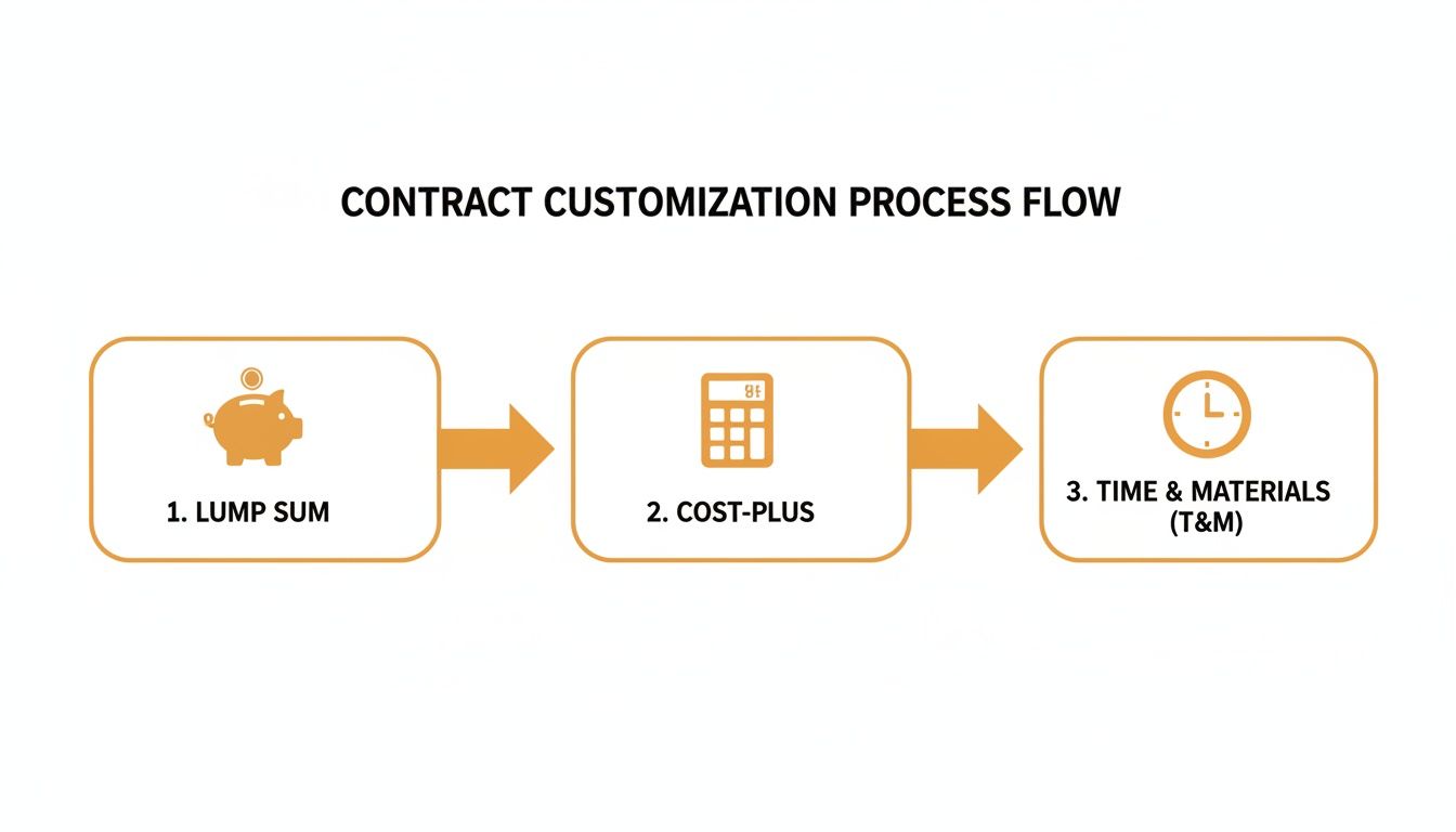 Process flow diagram showing three types of contract customization: Lump Sum, Cost-Plus, and Time & Materials.