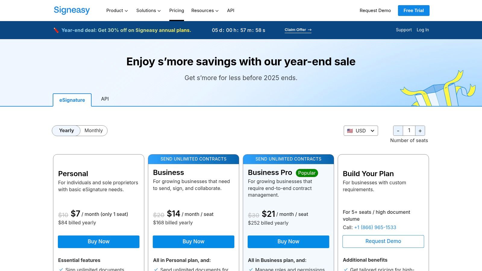 Signeasy e-signature pricing plans for small business
