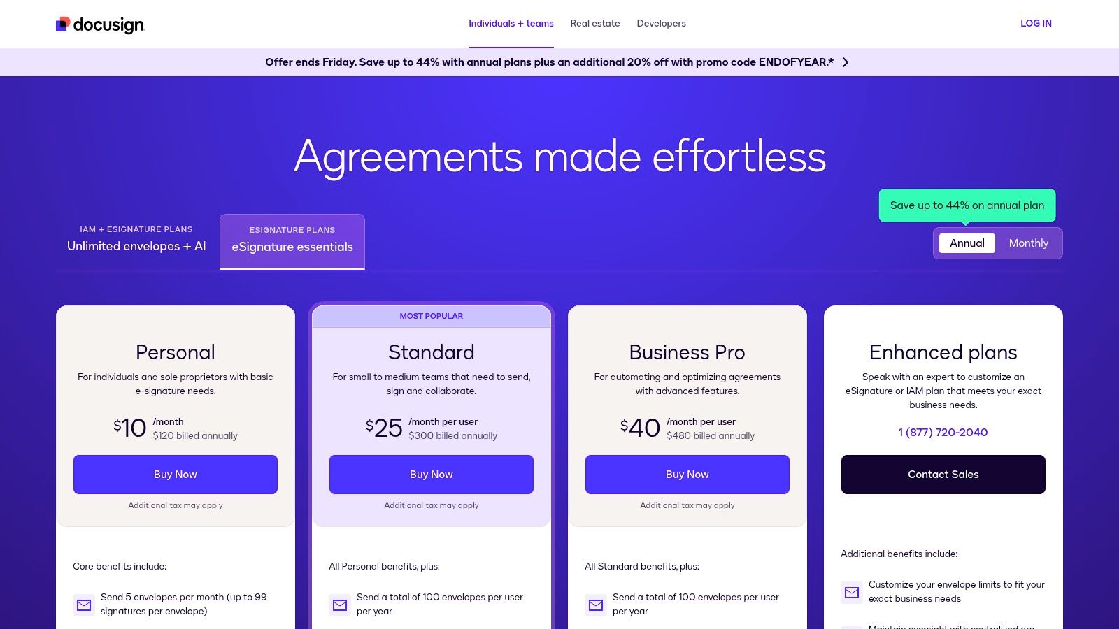 DocuSign e-signature plans for business