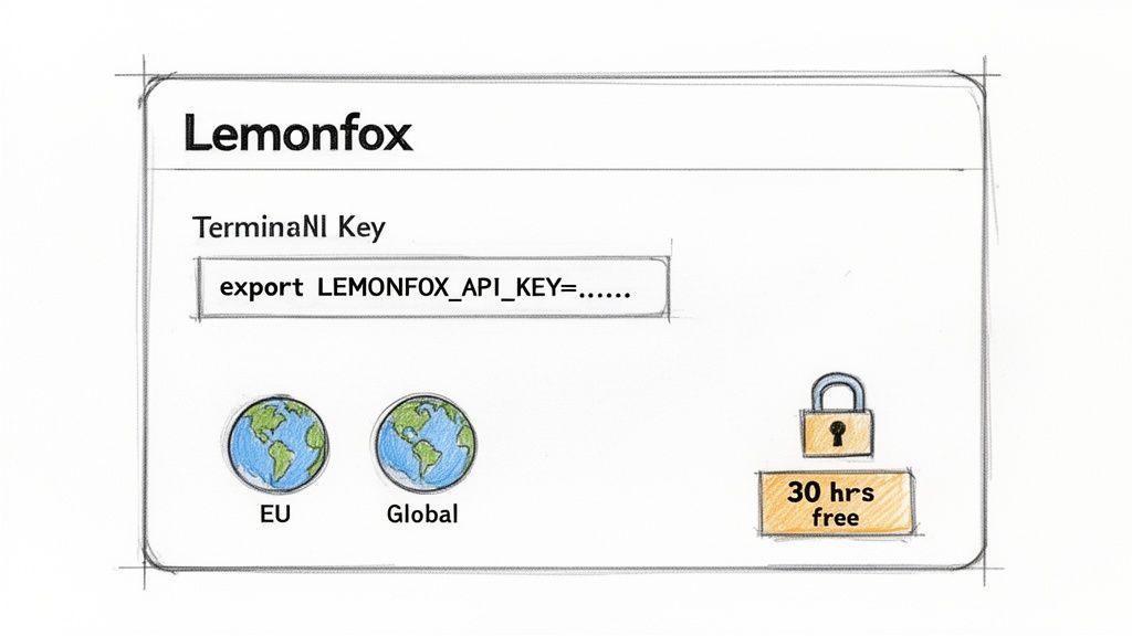 Lemonfox API key setup interface showing regions (EU, Global) and an offer for 30 free hours.
