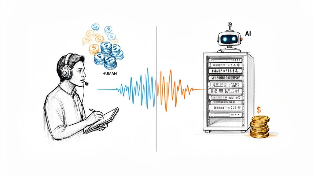 An illustration comparing human transcription costs with AI transcription costs.