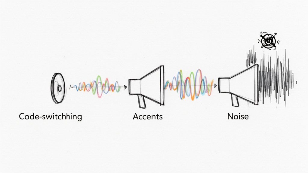 Conceptual diagram illustrating code-switching evolving into accents and finally becoming noise.