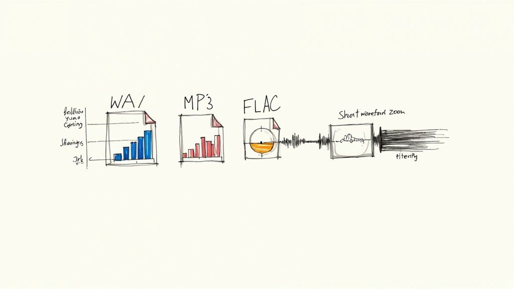 Diagram illustrating various audio file types (WAV, MP3, FLAC) and their waveform analysis.