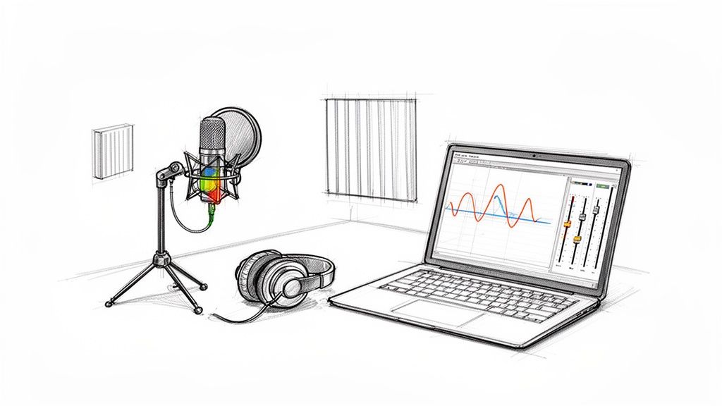 Illustration of an audiobook production setup with a microphone, headphones, and laptop.
