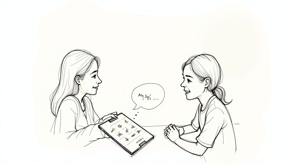 Two women engage in a communication session, one using an AAC device or pictorial chart.