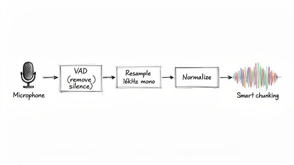 A diagram illustrating audio processing workflow from microphone input to smart chunking, including VAD, resampling, and normalization.
