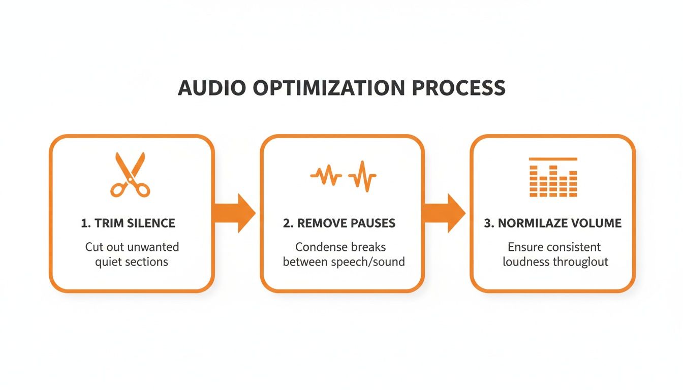 An infographic detailing the audio optimization process with steps: trim silence, remove pauses, and normalize volume.