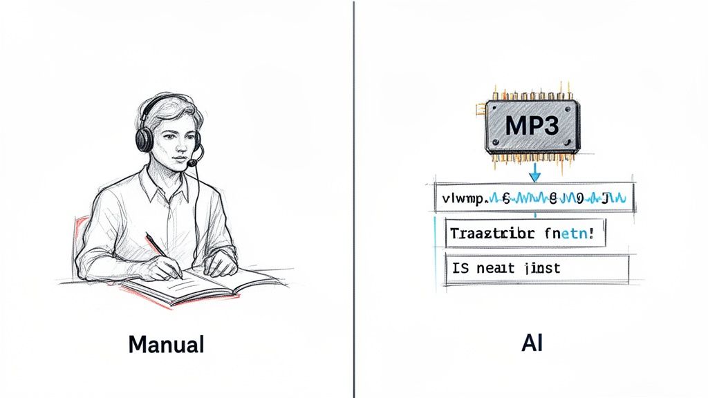 A comparison image showing manual human transcription versus AI converting an MP3 audio file to text.
