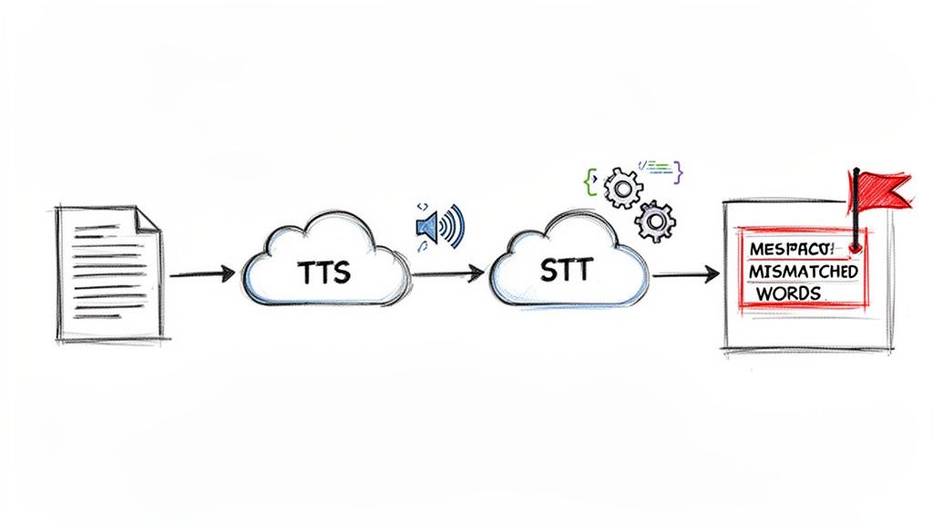 Diagram showing text processed by TTS to audio, then STT to detect mismatched words.