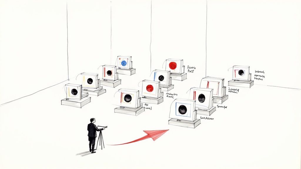A sketch of a person photographing an art installation of multiple monitors displaying colorful circles.