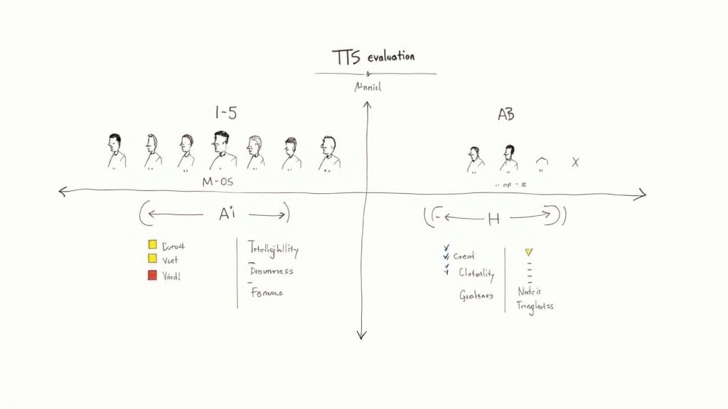 TTS evaluation diagram showing voice quality assessment with intelligibility, naturalness, and likability criteria mapped on axes