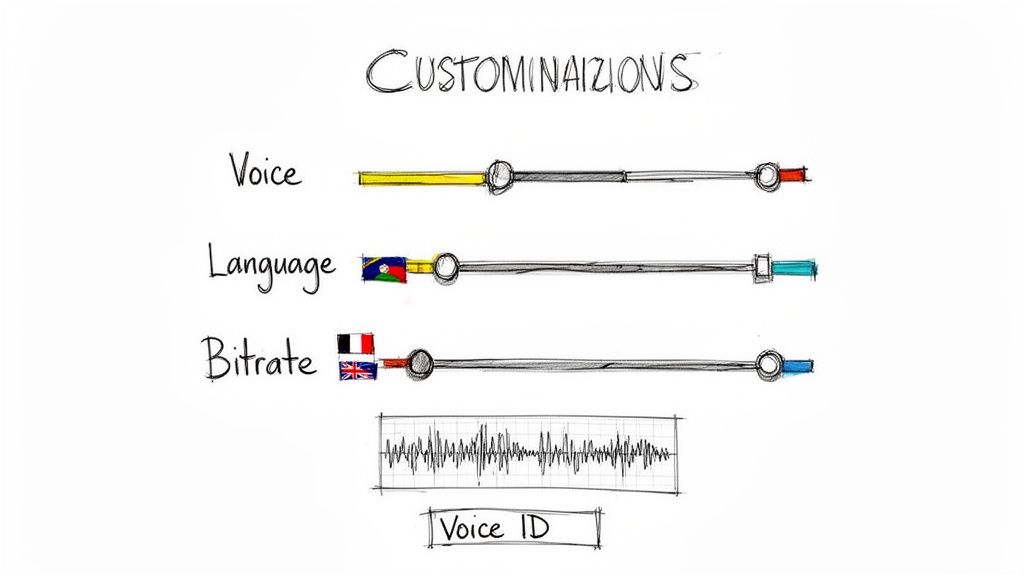 Hand-drawn diagram showing voice, language, and bitrate customization sliders with a voice ID waveform.