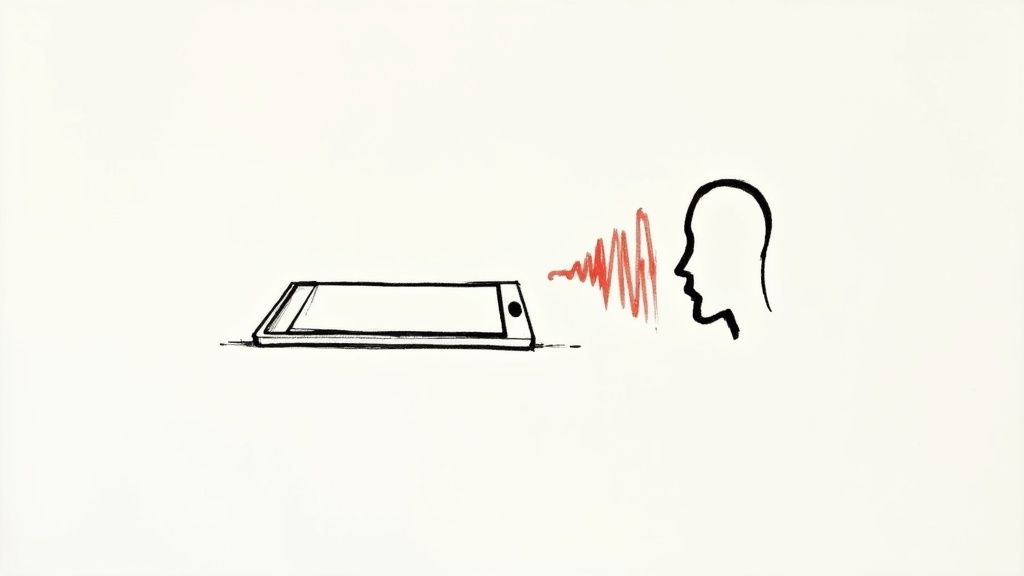 Simple illustration showing smartphone with sound waves transmitting speech to human head profile