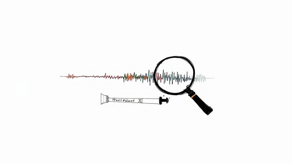 A magnifying glass inspects a colorful audio waveform above a graphic of a podcast host.