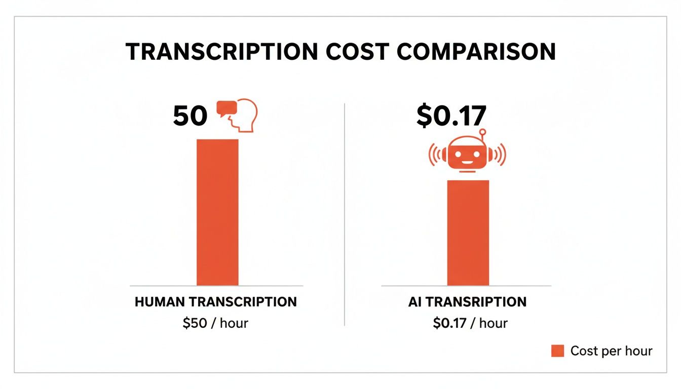Bar chart comparing human transcription at $50/hour to AI transcription at $0.17/hour.